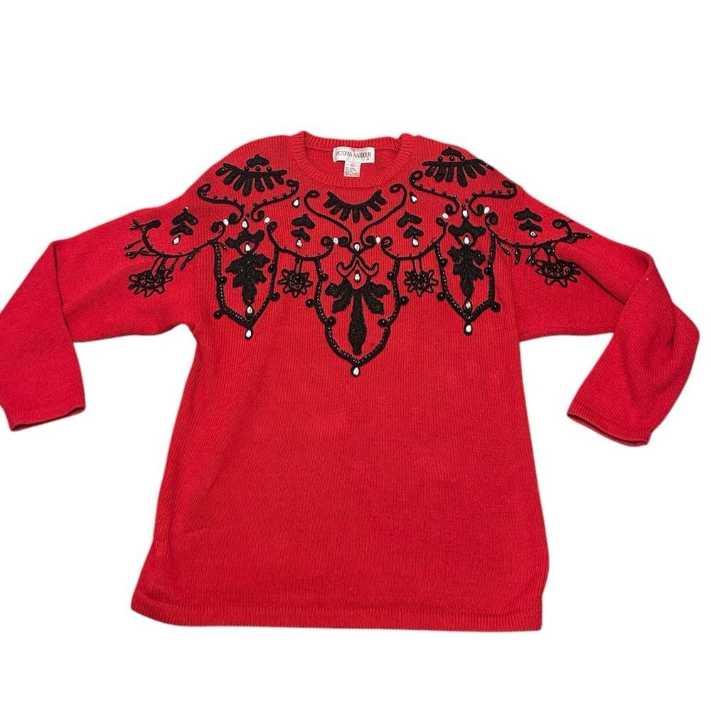 Vintage Victoria Harbour Red W/ Black Beaded Embellished Sweater Women Large - Picture 3 of 5